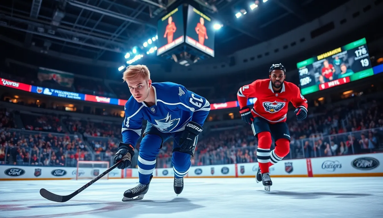 Two hockey players competing on a vibrant rink during an intense game.